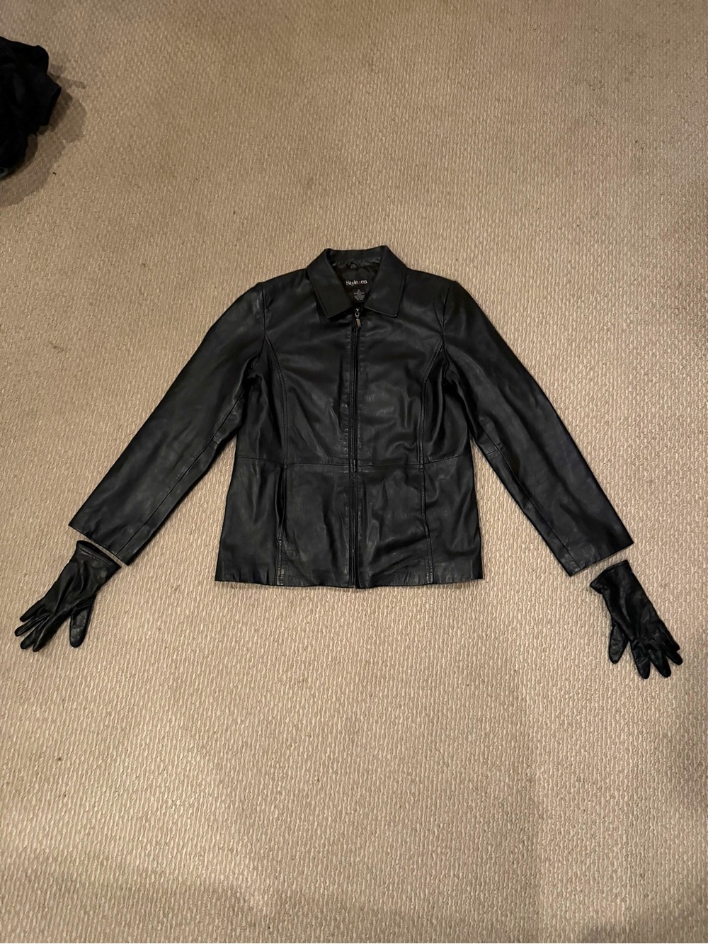 Style&Co Classic Black Leather Women's Jacket + Gloves